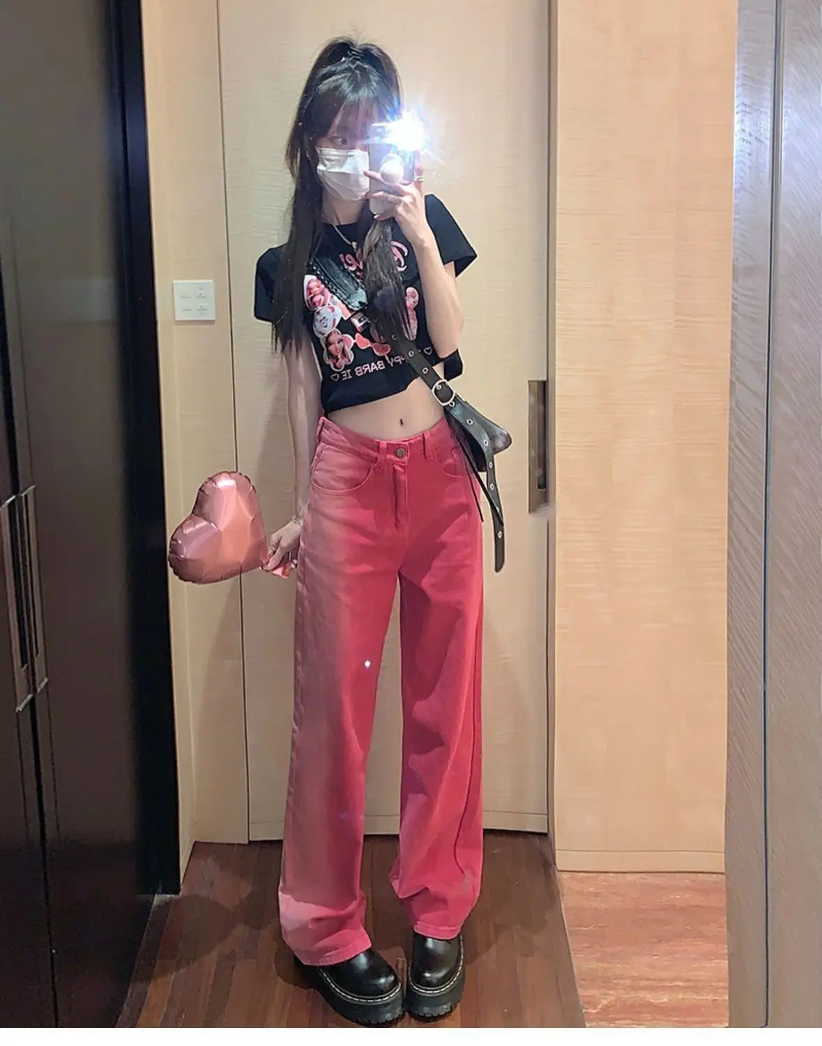Vintage Streetwear Gradient Pink Jeans Women High Waist Straight Wide Leg Pants Straight Denim Female Trousers