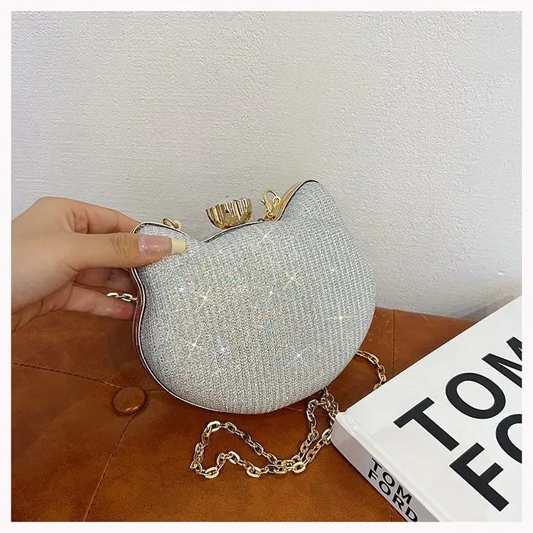 Fashion Ladies Clutch Bag Small Cat Shoulder Handbags Female Party Wedding Shine Evening Bag For Women Diamond Phone Chain Purse
