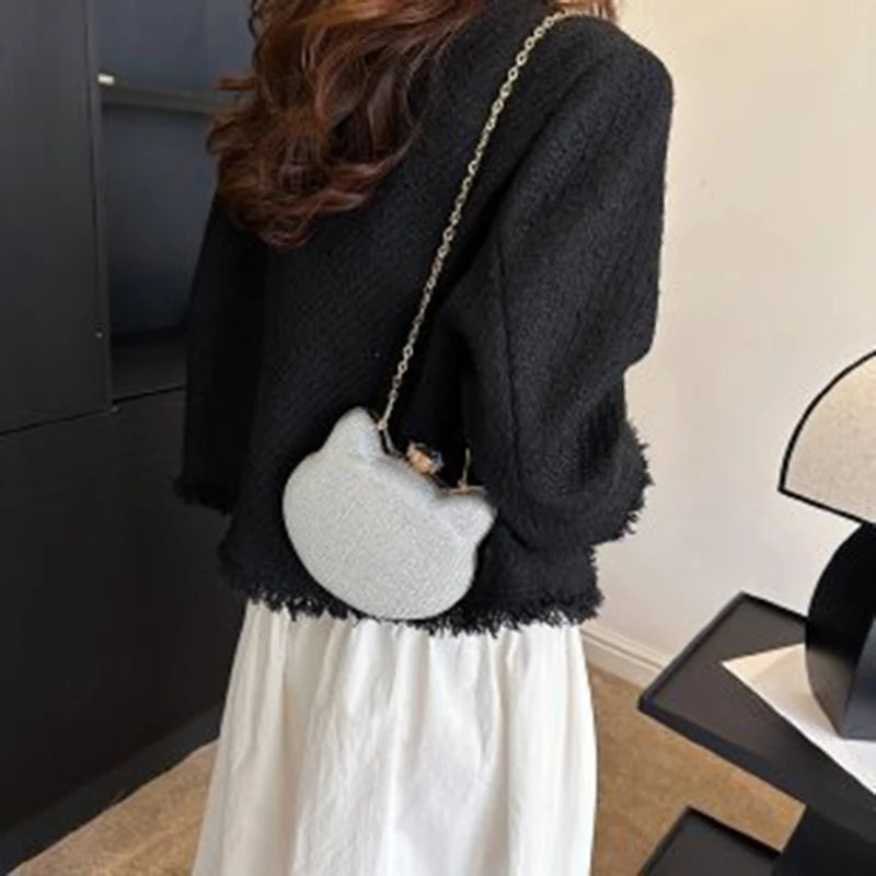 Fashion Ladies Clutch Bag Small Cat Shoulder Handbags Female Party Wedding Shine Evening Bag For Women Diamond Phone Chain Purse