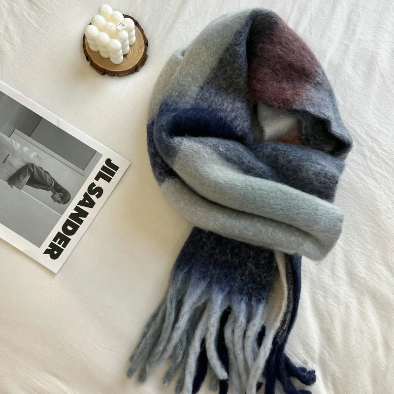 Winter Multicolor Stripe Scarf Cashmere Thick Shawl Women Long Winter Warm Pashmina Wraps with Tassel Scarf For Women