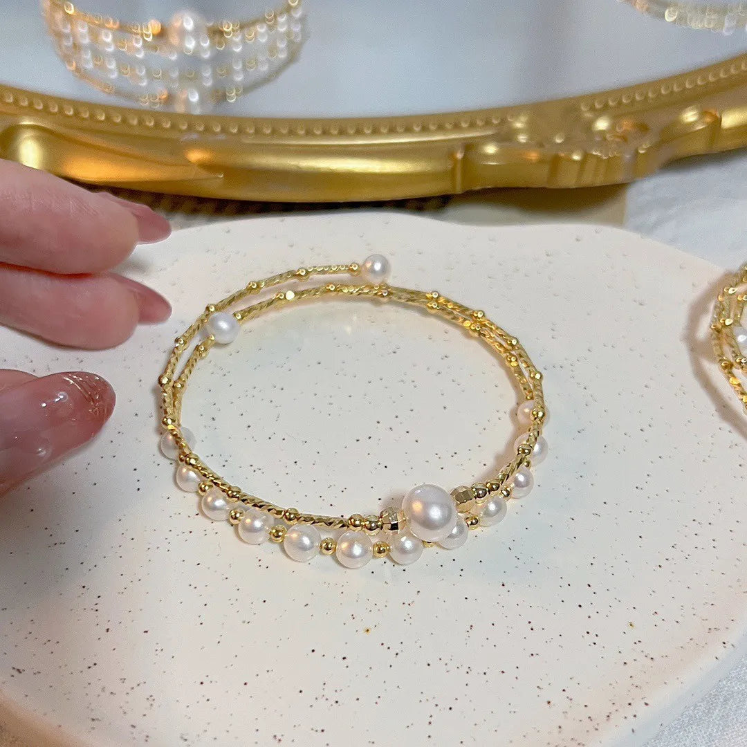 New Arrival 100% Natural Freshwater Pearl 14K Gold Filled Female Double Bangle For Women Jewelry Gifts Never Fade