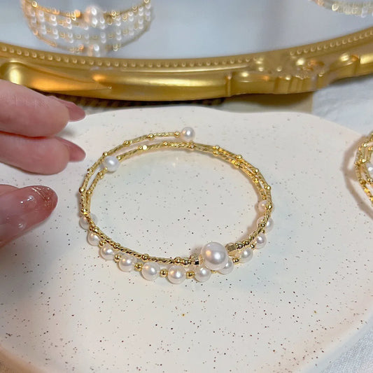 New Arrival 100% Natural Freshwater Pearl 14K Gold Filled Female Double Bangle For Women Jewelry Gifts Never Fade