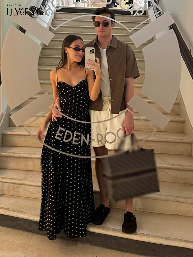 Dot Print Long Slip Dress Women Spring Summer V-neck Sleeveless Backless A-line Dresses Female Party Vintage Robes Lady Holiday