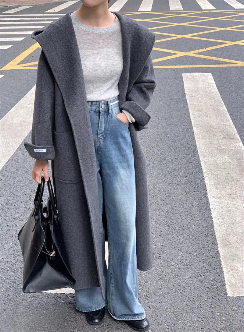 Wool Beige Pocket Belted Long Woolen Coat New Hooded Long Sleeve Women Jacket Fashion Tide Autumn Winter 2025 New
