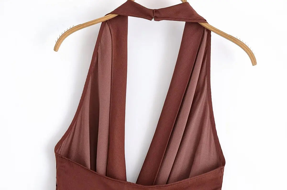 MYST&ZA2025 new summer women's clothing casual fashion comfortable slim sexy inlaid backless midi halter neck short dress