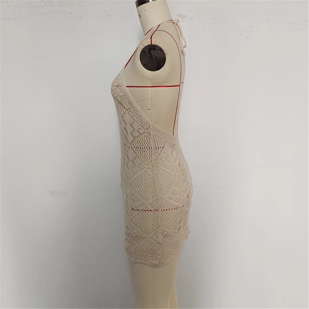 Hollow Out Halter Backless Crochet Knitted Tunic Beach Cover Up Cover-ups Beach Dress Beach Wear Beachwear Female Women V6511