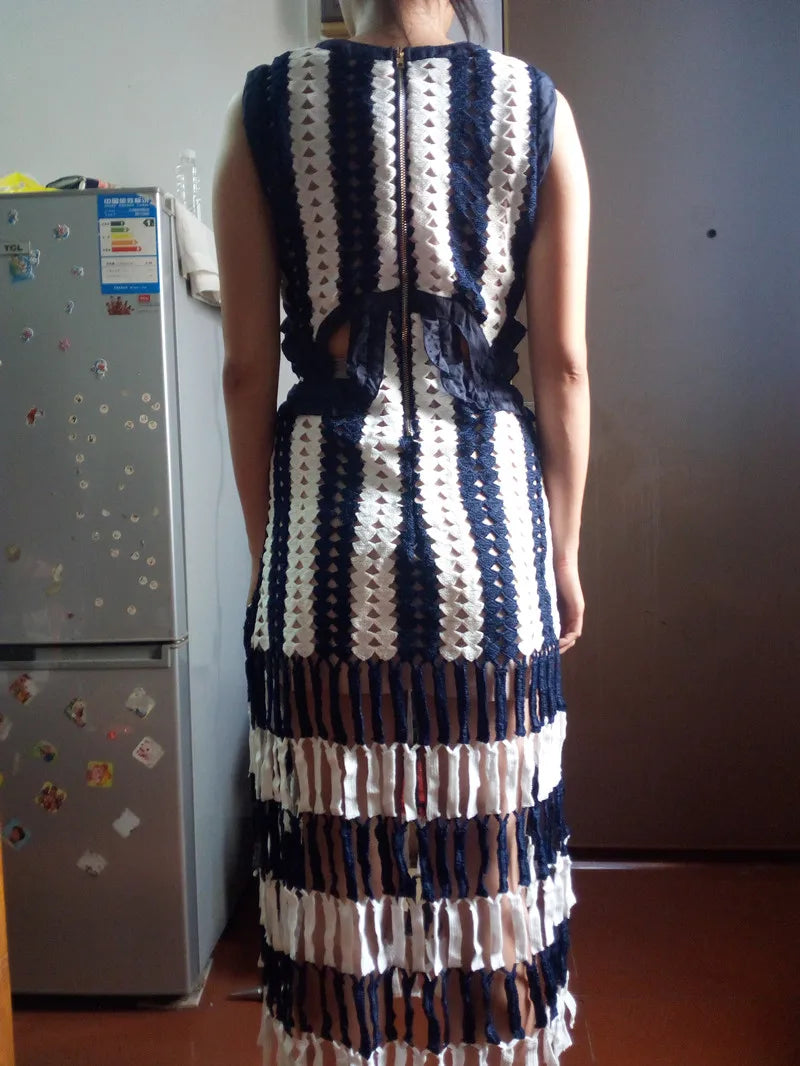 HANZANGL Women Dresses Knitted tank dress white blue patchwork striped tassel crochet casual beach Dress high quality