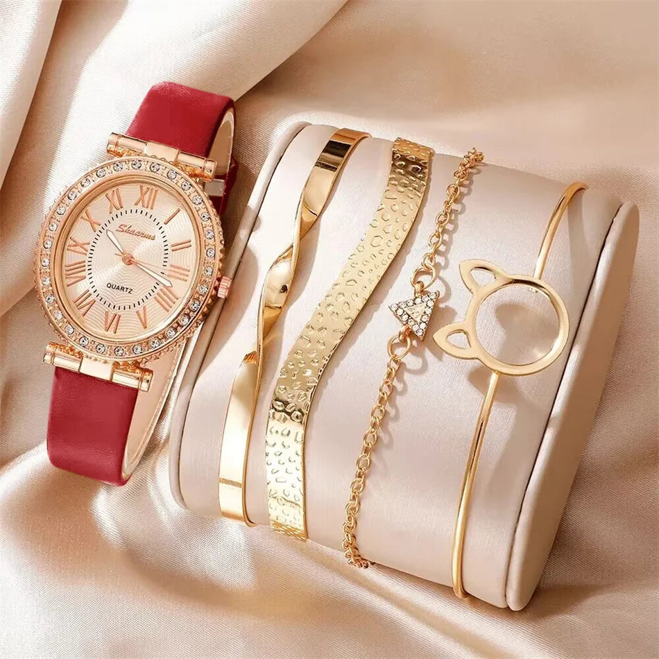 Women's Fashion Quartz Watch Luxury Leather Band Analog WristWatch Ladies Watch Women Dress Bracelet Set Reloj Mujer Clock