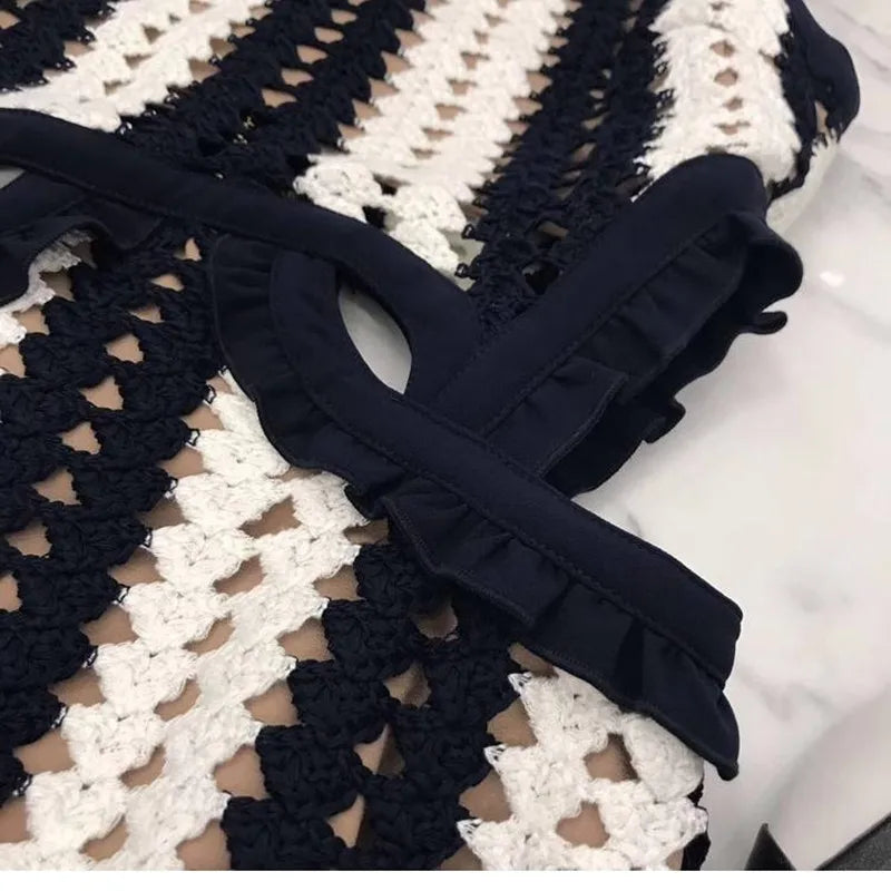 HANZANGL Women Dresses Knitted tank dress white blue patchwork striped tassel crochet casual beach Dress high quality