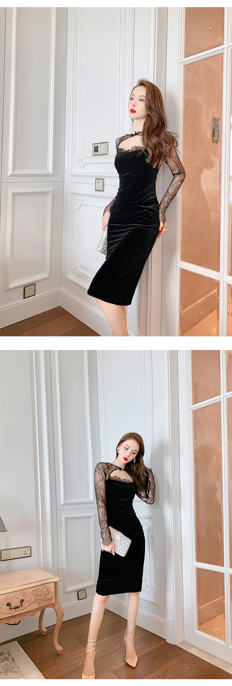 Spring Quality Elegant Sexy Dresses for Women 2023 Black Sheer Lace Hollow Cut Out Backless Midi Robe Femme Party Date Vestidos