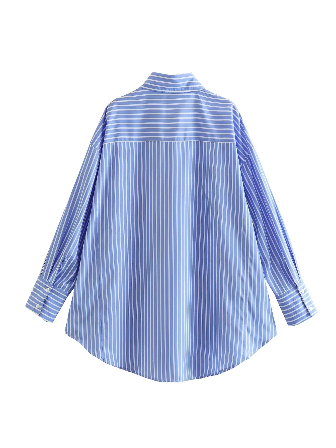 TRAF Blue Striped Shirt Women Casual Oversized Long Shirt Woman Korean Fashion Button Up Long Sleeve Shirts Office Loose Shirt
