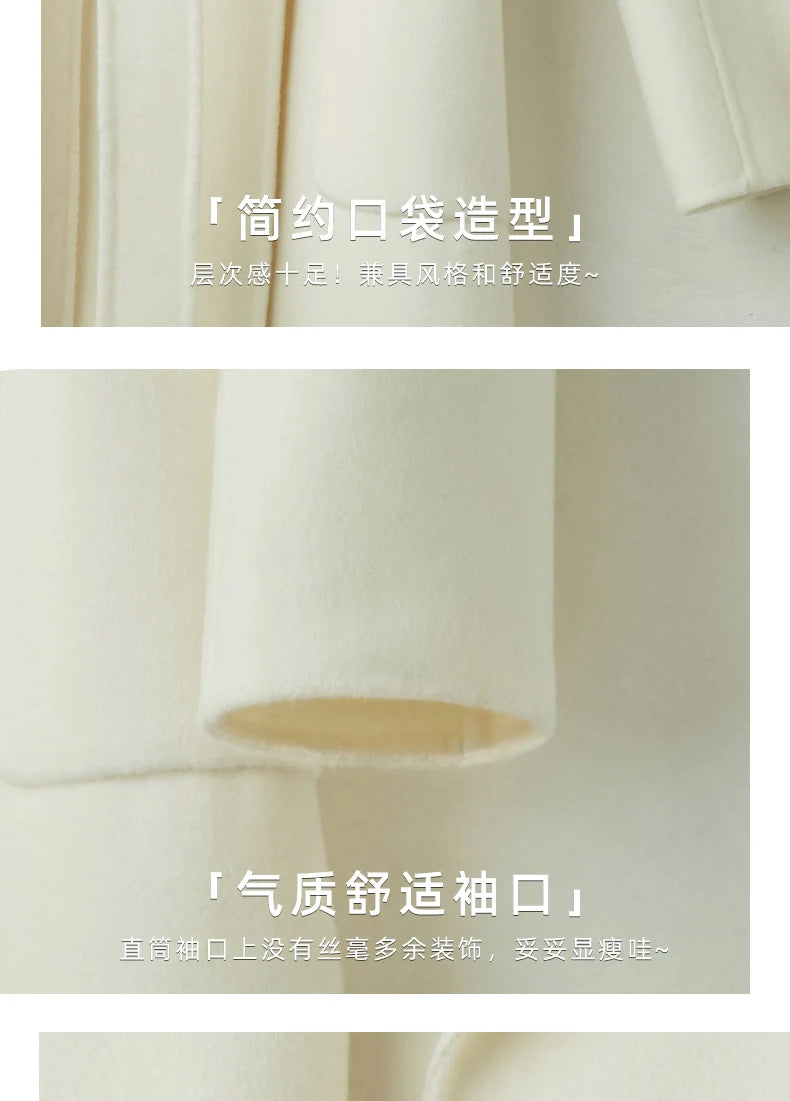 White Belt Double-sided Cashmere Coat Women's 2024 New Fashion Temperament Winter Slim Wool Coat Solid Female Long Windbreaker