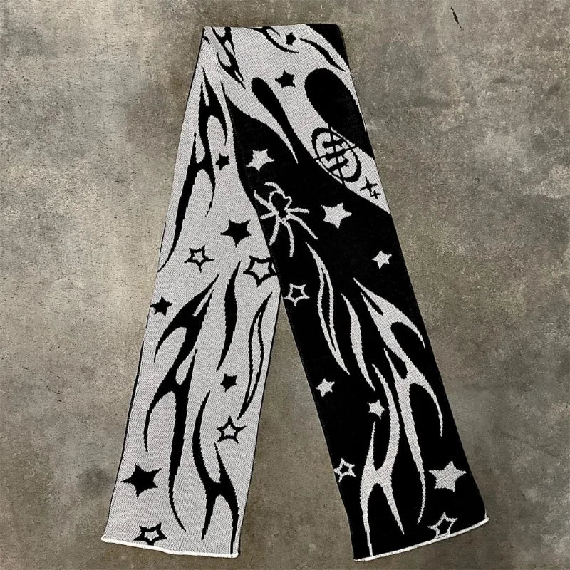 Fashion Creative Star Striped Knitted Women's Scarf Men's Winter Scarf Apron Black Tassel Luminous Y2K Kpop
