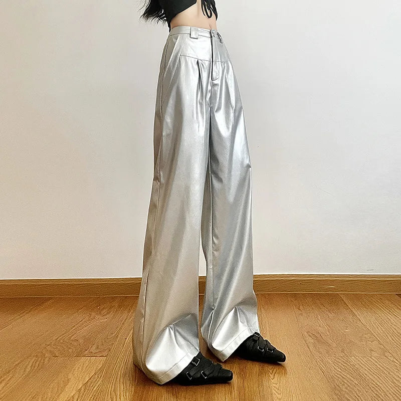 Silver Retro Matte Trendy Personalized All-match Casual High Street Cool Confident Casual Women's Autumn Wide Leg Pants