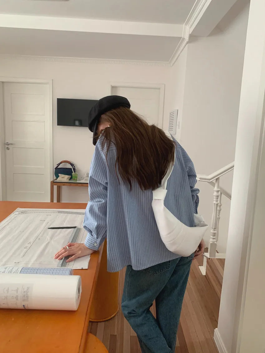 Chic Autumnal Vintage Loose Fit Long Sve Blue Striped irt Women's Faion Versatile Double ket Suit Collar Outfit