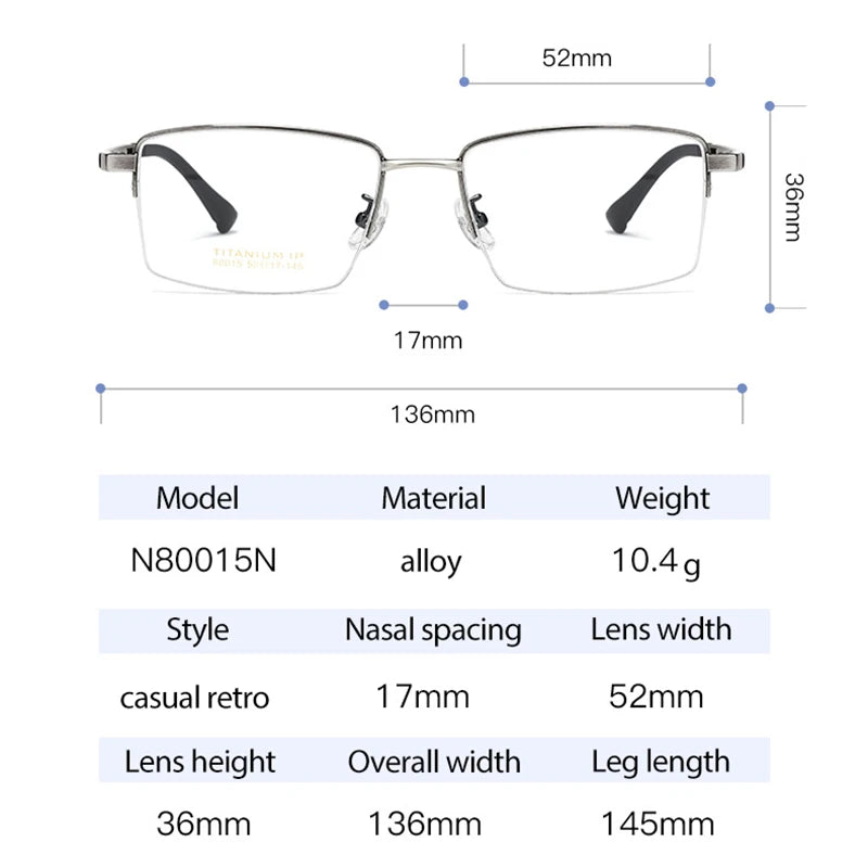 Pure Titanium Glasses Frame Men Square Eyewear Male Classic Full Optical Prescription Eyeglasses Frames Gafas Oculos N80015N