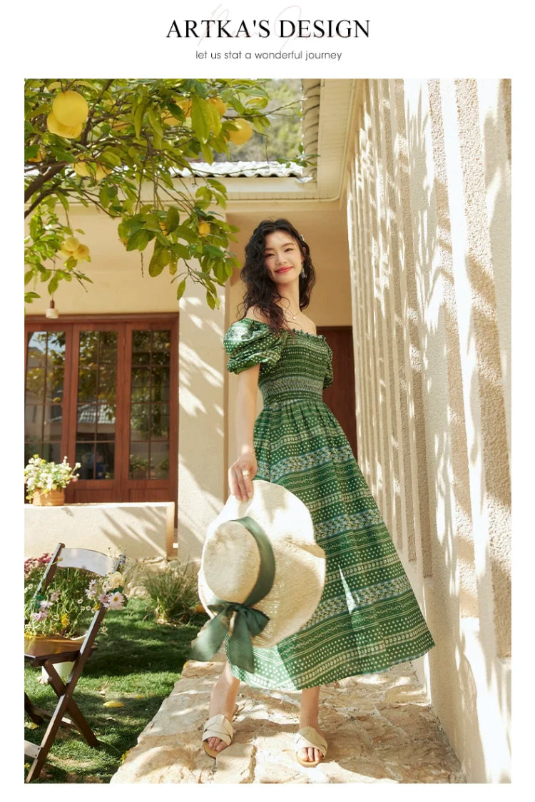ARTKA 2023 Summer New Women Dress Vintage Print Green Square Collar Dresses Short Puff Sleeve A-line Long Dress Female LA92038X