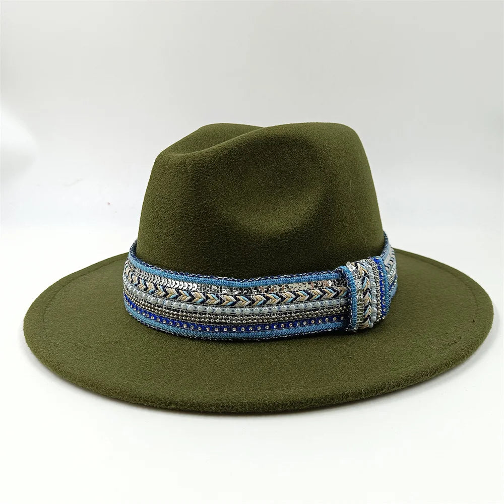 Blue Fedora Hat Pearl Rhinestone Design for Men and Women Panama Church Cap Fashionable Elegant Vintage Felt Hat fedoras
