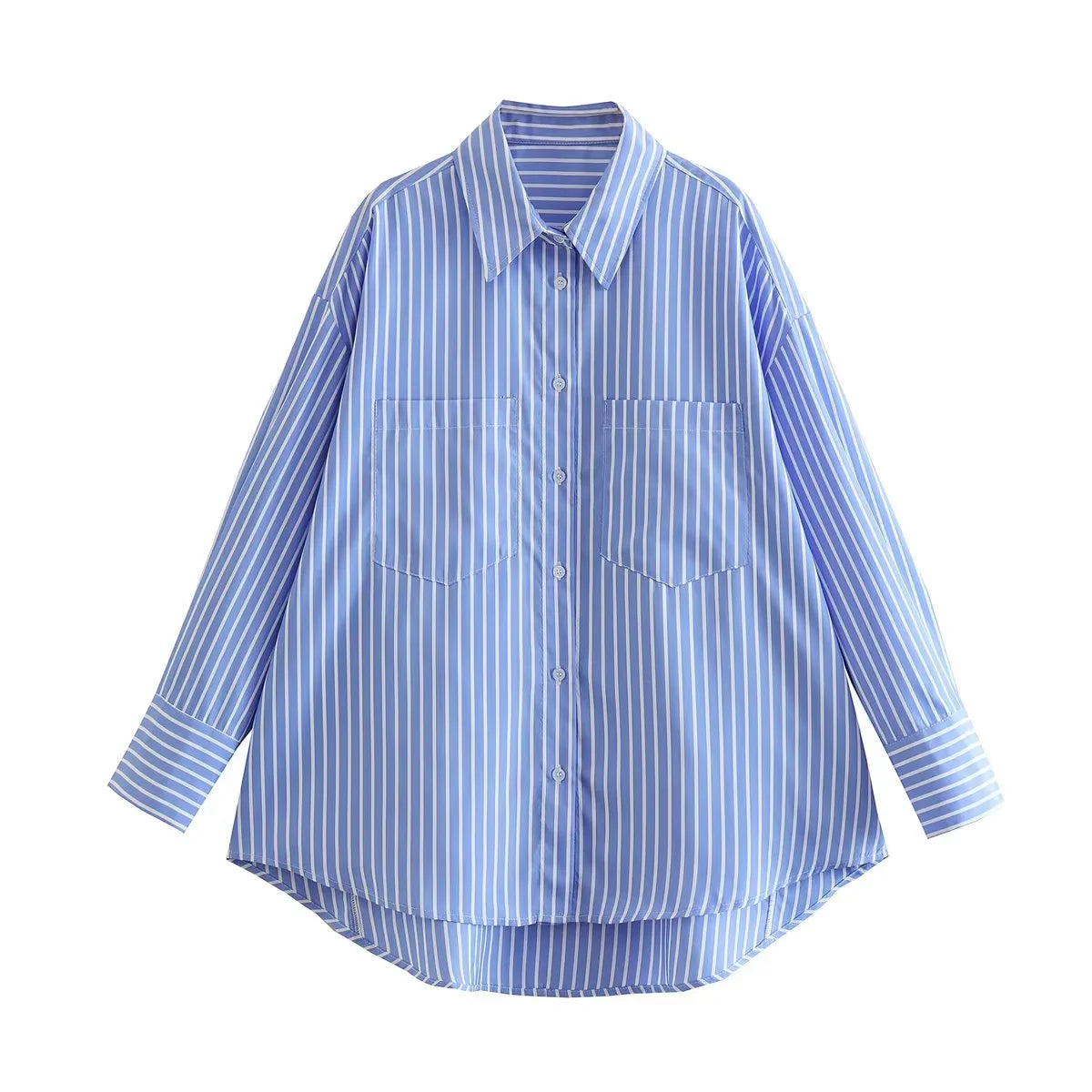 TRAF Blue Striped Shirt Women Casual Oversized Long Shirt Woman Korean Fashion Button Up Long Sleeve Shirts Office Loose Shirt