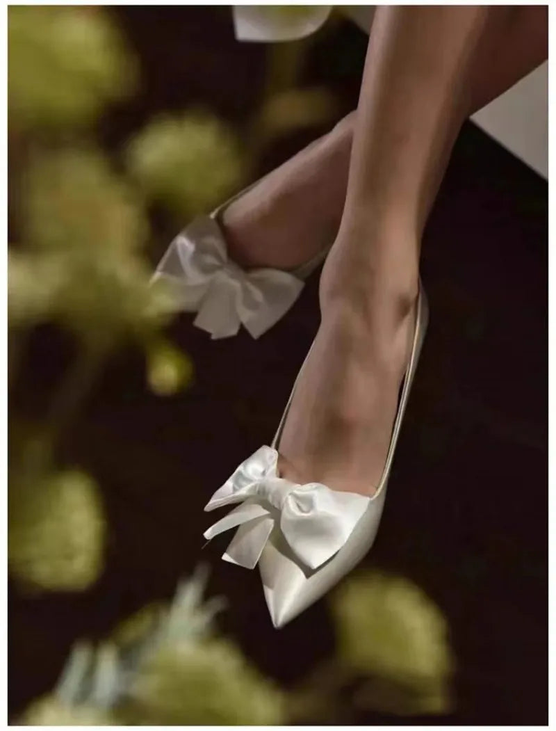 Fashion White Satin Bow Heels Women Pumps Shoes 2023Butterfly High Heels Pumps Elegant Heeled Wedding Shoes