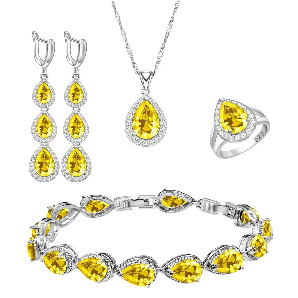 Wedding Bride Silver 925 Jewelry Sets Women White Topaz Long Earrings Bracelet Necklace Rings Luxury Fashion Set Dropshipping