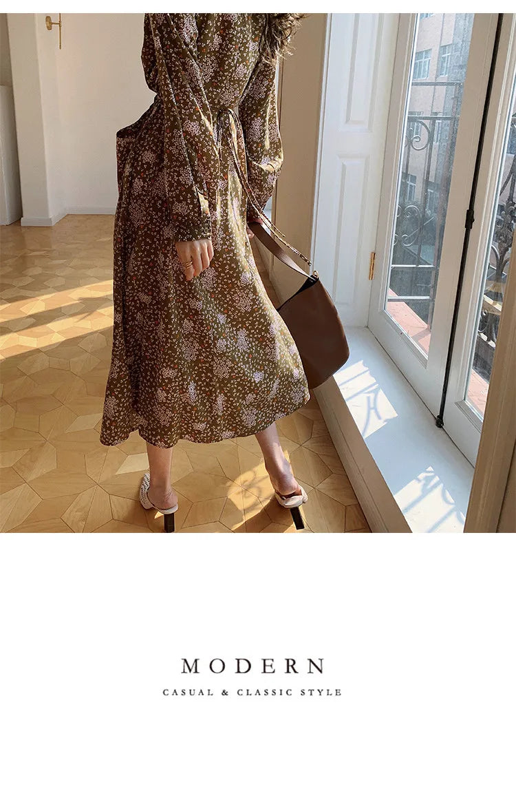 ARTKA 2023 Spring New Women Dress Elegant Loose Puff Sleeve Prints Dresses V-Neck High Waist A-Line Chiffon Long Dress A22LA055C