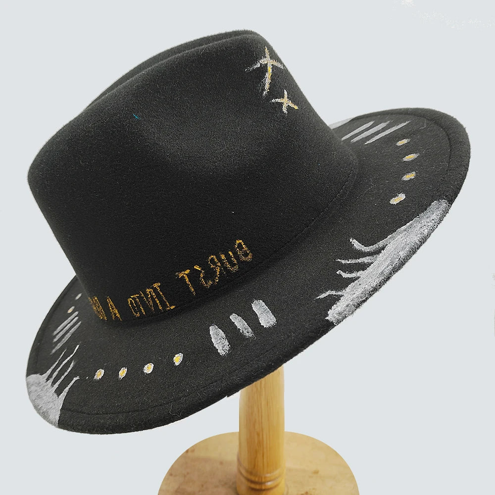 Hand-painted Fedora Hat Men's and Women's Hat Panama Spring Autumn Ribbon Suede Fedora Hat Wide Brim Jazz Cap 2023