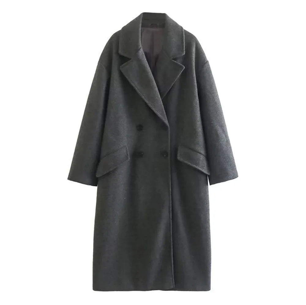 Women's Fashion Casual Loose Long Coat Coat Autumn and Winter Double-breasted Lapel Coat Warm and Soft Solid Colour Coat