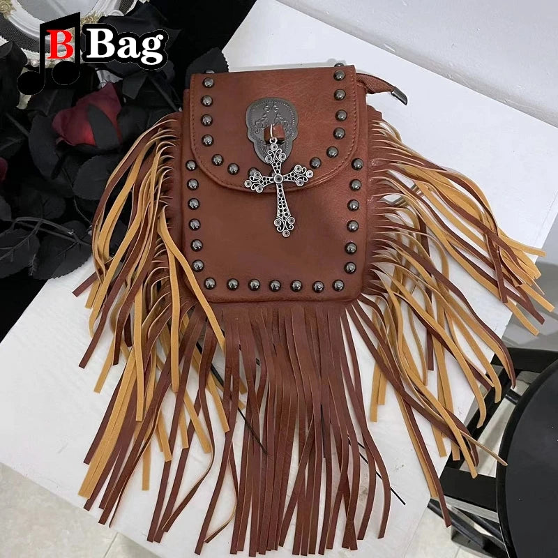 Vintage PU Leather Tassels Bags Y2K Women Girl Gemstone Fringed Shoulder Bags Female Punk Cross Messenger Bags phone bag
