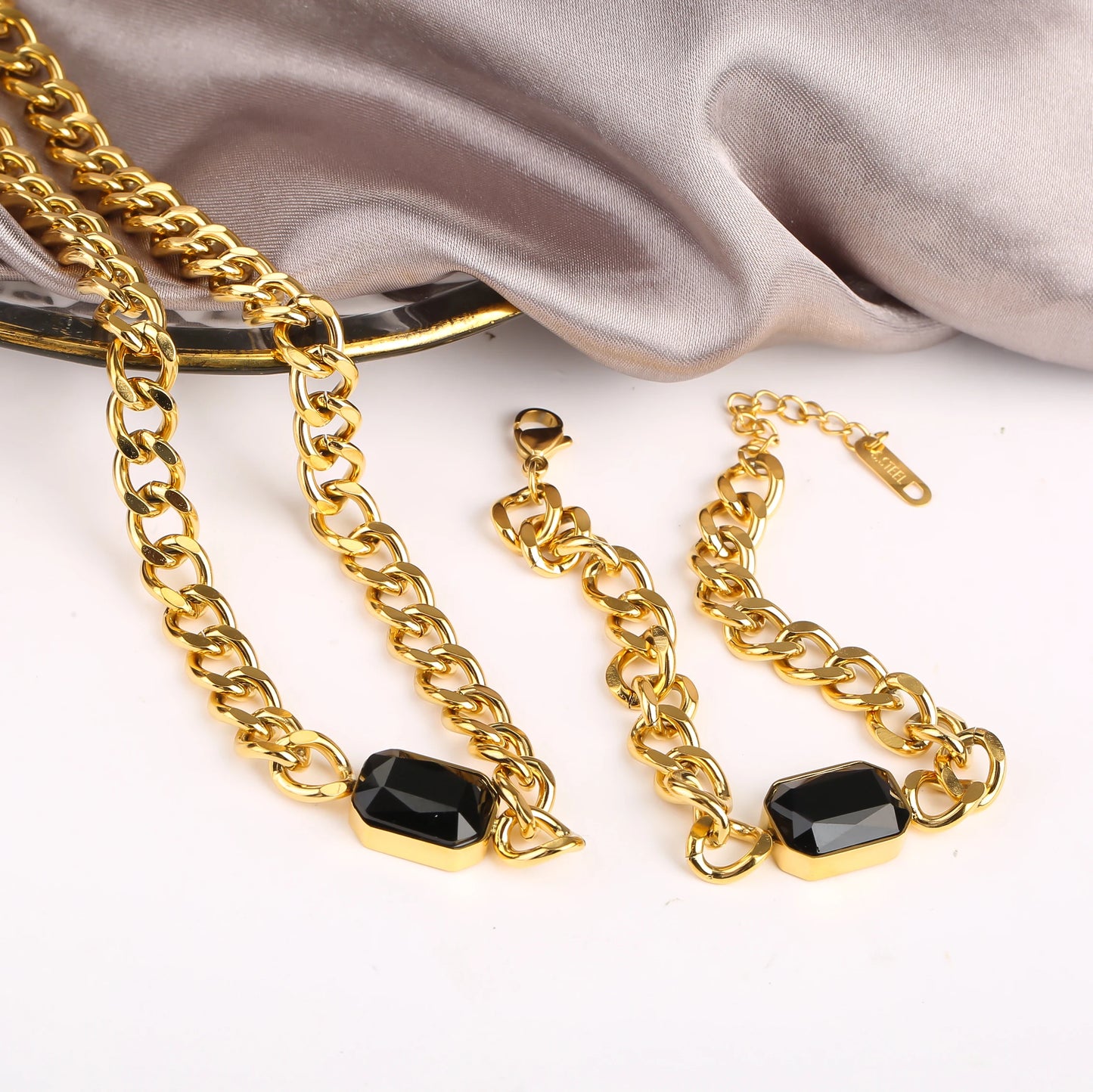 Personalized Rectangle Colorful Crystal Six-Sided Polished Cuban Chain Necklace Bracelet Set For Woman Stainless Steel Jewelry