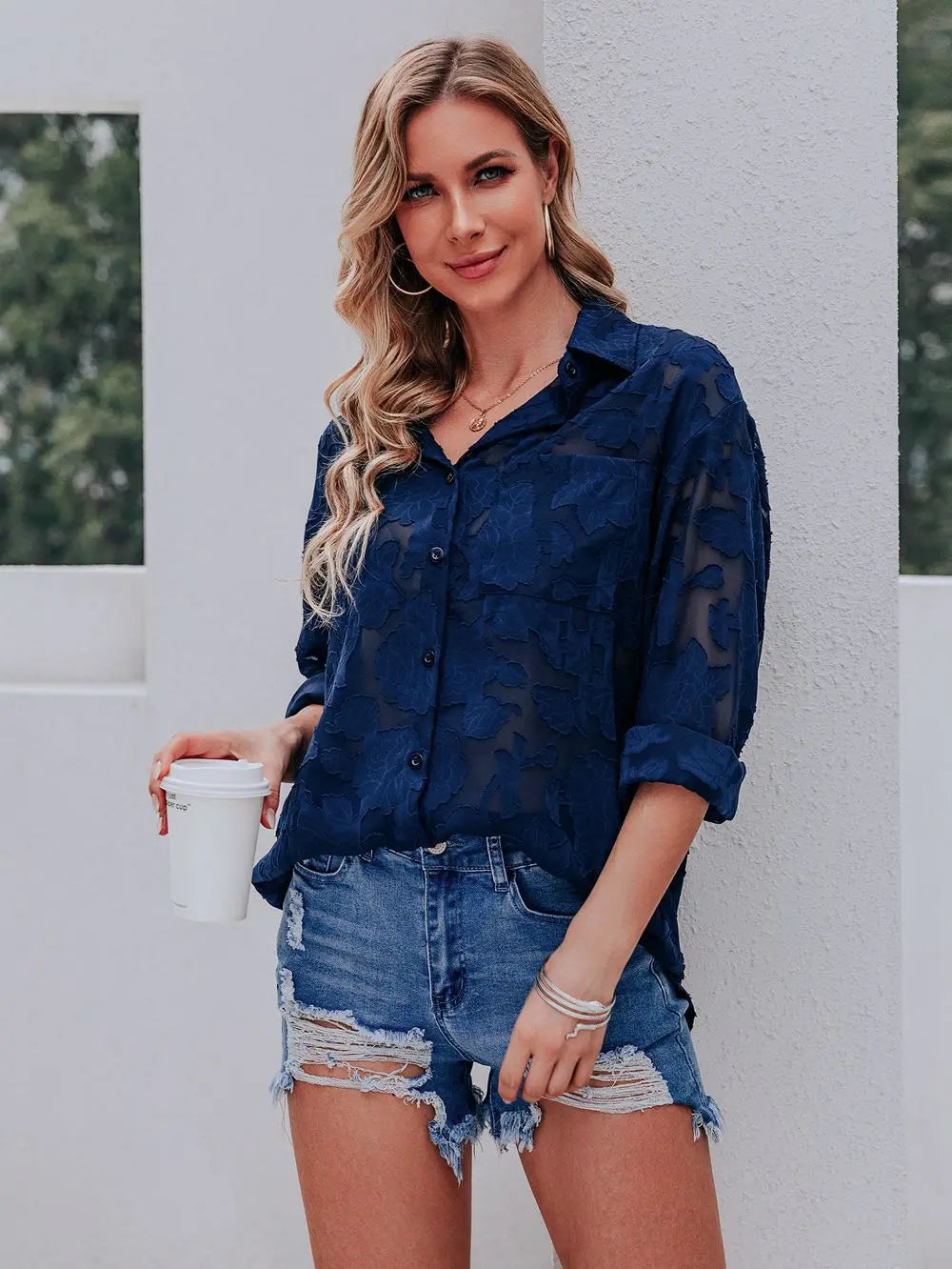 Elegant Long Sleeve Lapel Lace Blouse Office Lady Spring Summer Hollow Out Jacquard Loose Shirt Oversized Tops Luxury Chic Tunic