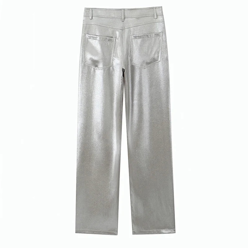 2024 Women Autumn Silver Wide Leg Fleece Pants Vintage High Waist Office Lady PU Female Trousers Women's Clothing Free Shipping