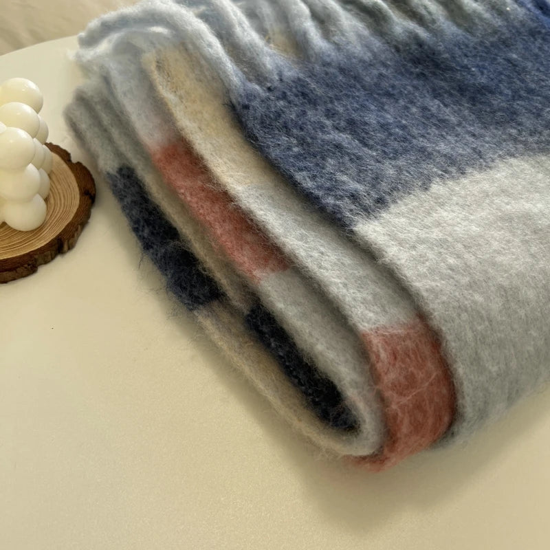 Winter Multicolor Stripe Scarf Cashmere Thick Shawl Women Long Winter Warm Pashmina Wraps with Tassel Scarf For Women