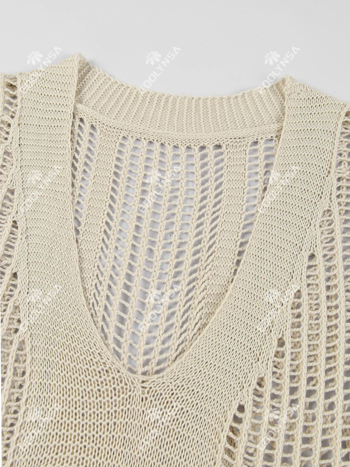 Elegant Knit Long Dress 2025 Sexy See-through V Neck Lantern Sleeve Side Split Beach Maxi Dresses Holiday Swimsuit Cover Up K15