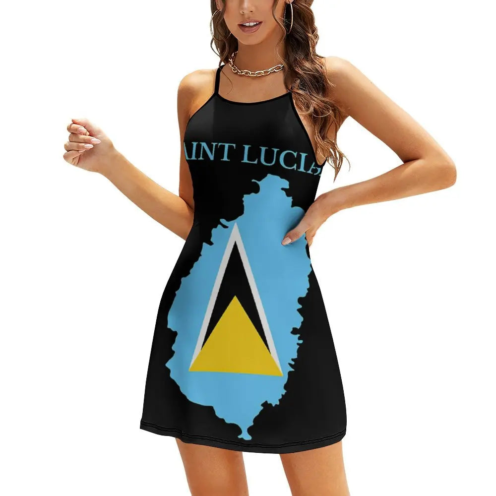 Saint Lucia Map Flag  Women's Sling Dress Funny Graphic Exotic Woman's Clothing Humor Graphic  Vacations Dresses