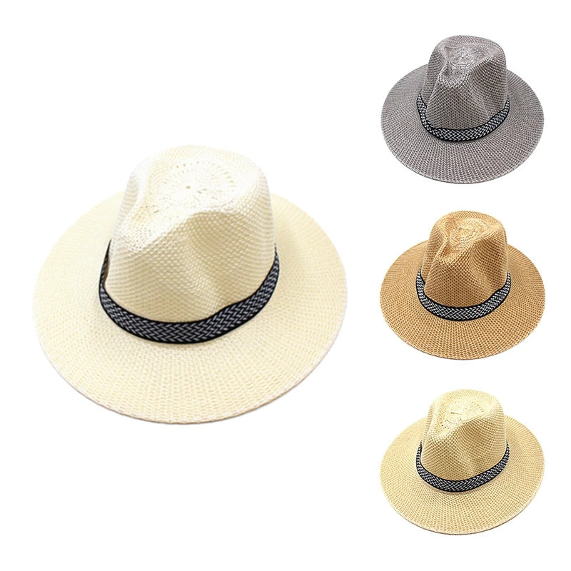 Men Wide Brim Jazz Hat Retro Trendy Chapeau Caps Wedding Party Fedora Hats Vintage Western Panama Travel Sunhat Straw Gorras