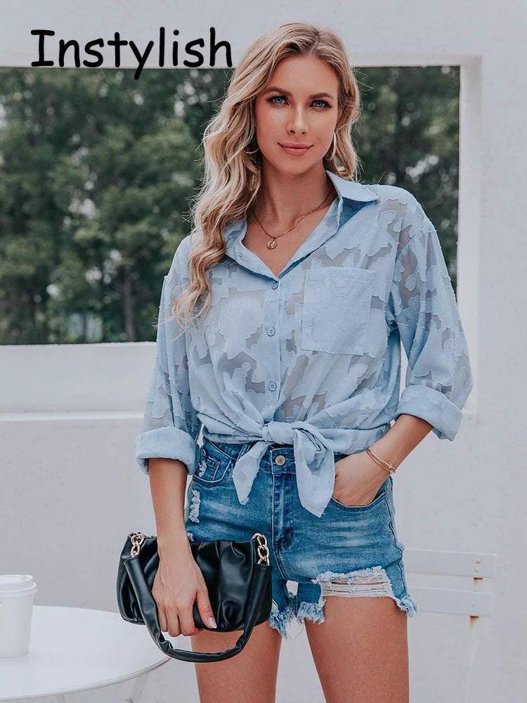 Elegant Long Sleeve Lapel Lace Blouse Office Lady Spring Summer Hollow Out Jacquard Loose Shirt Oversized Tops Luxury Chic Tunic