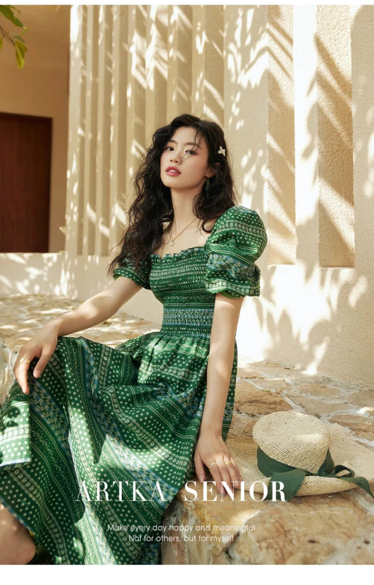 ARTKA 2023 Summer New Women Dress Vintage Print Green Square Collar Dresses Short Puff Sleeve A-line Long Dress Female LA92038X