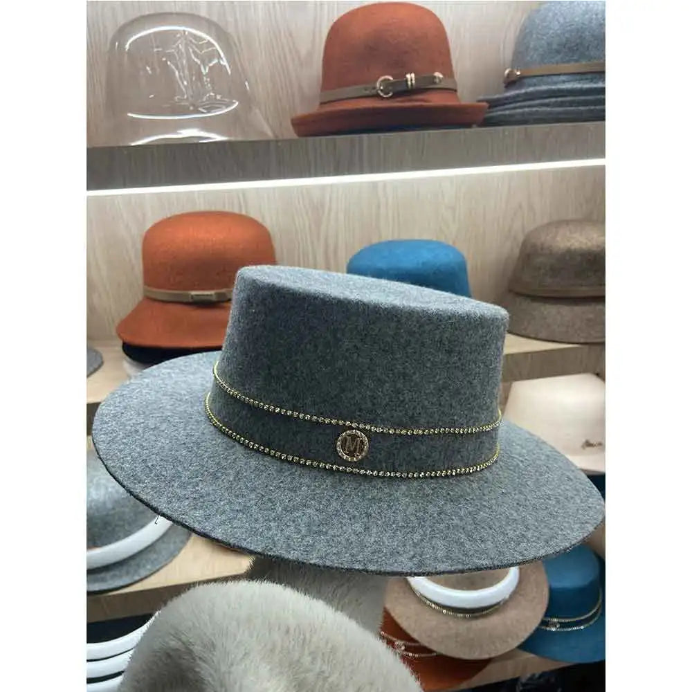 Autumn and Winter 100% Wool Hat Bell Hat Women's French Elegant Retro Hepburn Round Top Big brim Hat