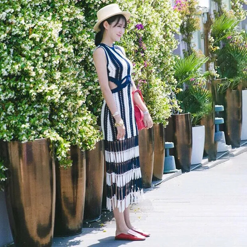 HANZANGL Women Dresses Knitted tank dress white blue patchwork striped tassel crochet casual beach Dress high quality