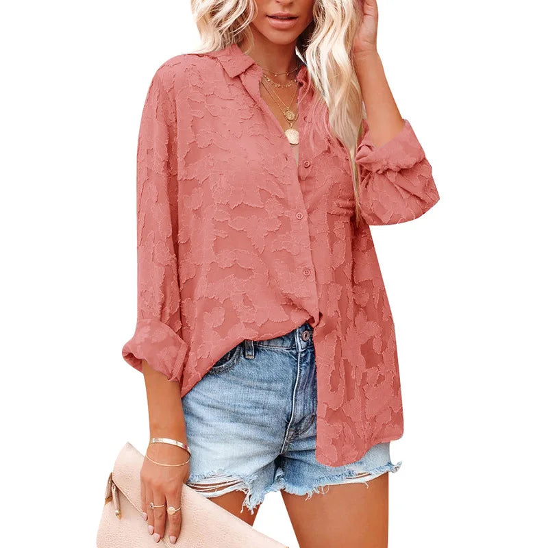 Elegant Long Sleeve Lapel Lace Blouse Office Lady Spring Summer Hollow Out Jacquard Loose Shirt Oversized Tops Luxury Chic Tunic