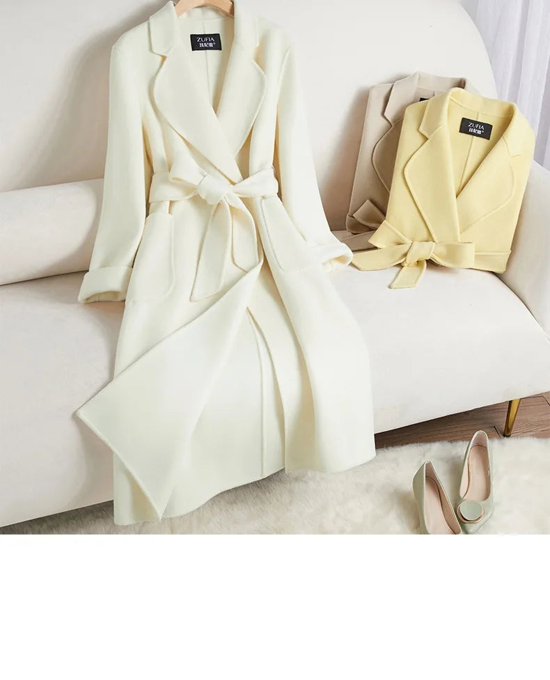 White Belt Double-sided Cashmere Coat Women's 2024 New Fashion Temperament Winter Slim Wool Coat Solid Female Long Windbreaker
