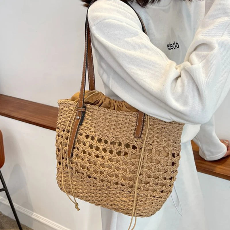 Summer Woven Straw Bucket Bag For Women Travel Beach Bags Large Capacity Armpit Bags Bohemia Knitted Shopping Totes Bolsa sac
