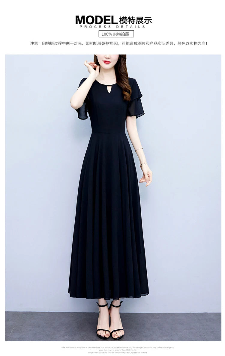 2024 Black Chic Ruffled Short Sleeve Midi Vestidos Women Vintage Hepburn Prom Long Robe Summer Solid Elegant Bodycon Party Dress