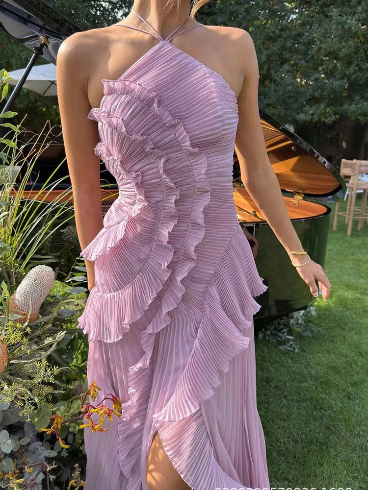 Ruffle ruffles design thin mid-length dress temperament fashion irregular halter women's dress 2025 summer new