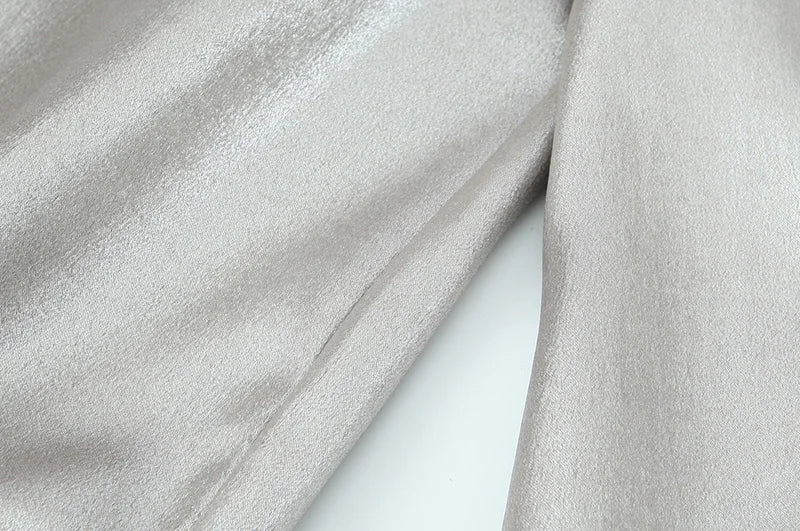 2024 Women Autumn Silver Wide Leg Fleece Pants Vintage High Waist Office Lady PU Female Trousers Women's Clothing Free Shipping