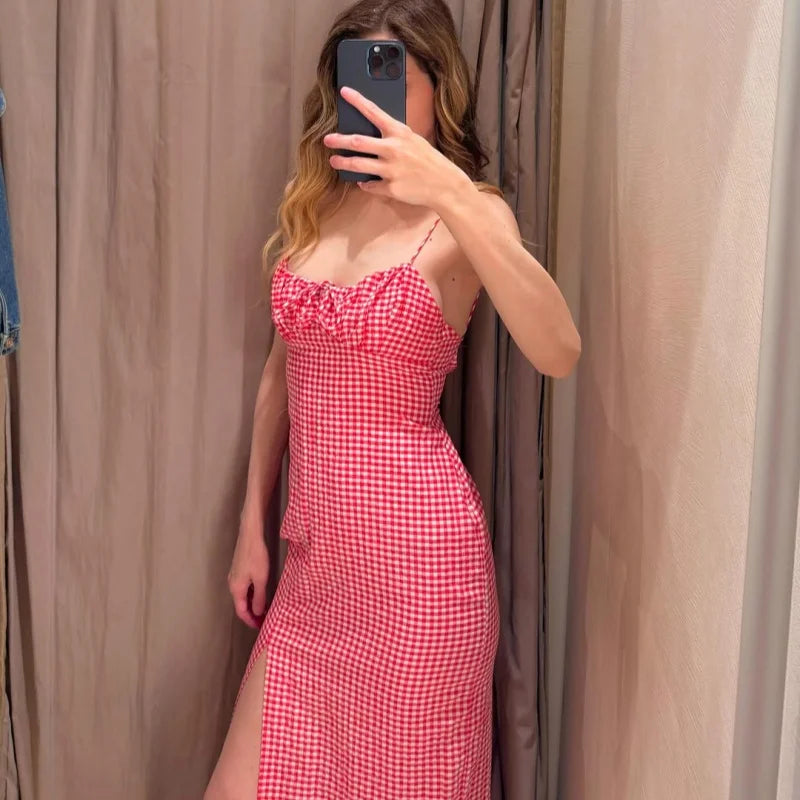 Summer 2025 Slit Backless MIDI Dress Grid Point Print Sexy V-Neck Charming Woman Clothing with High Thigh Split