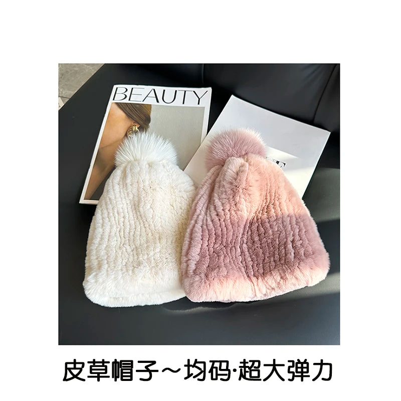 Real Rex Rabbit Fur Hat For Women Winter Thickened Fur Hat Warm Ear Protection Hat Hand Knitted Fur Hat Outdoor Natural Fur Hats