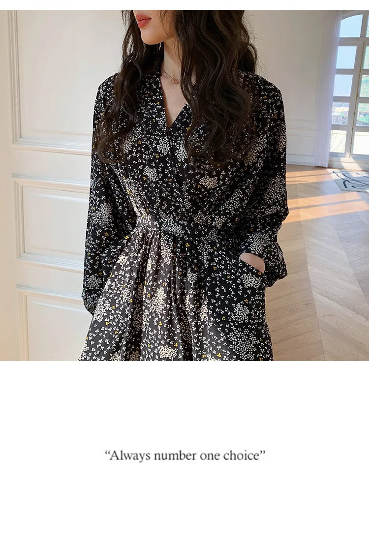 ARTKA 2023 Spring New Women Dress Elegant Loose Puff Sleeve Prints Dresses V-Neck High Waist A-Line Chiffon Long Dress A22LA055C