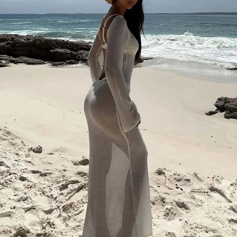 Perspective Sexy Backless Hollow Long Dress 2025 Spring Long Sleeve Knitted Beachwear Dresses Summer O Neck Solid Cover Up Dress